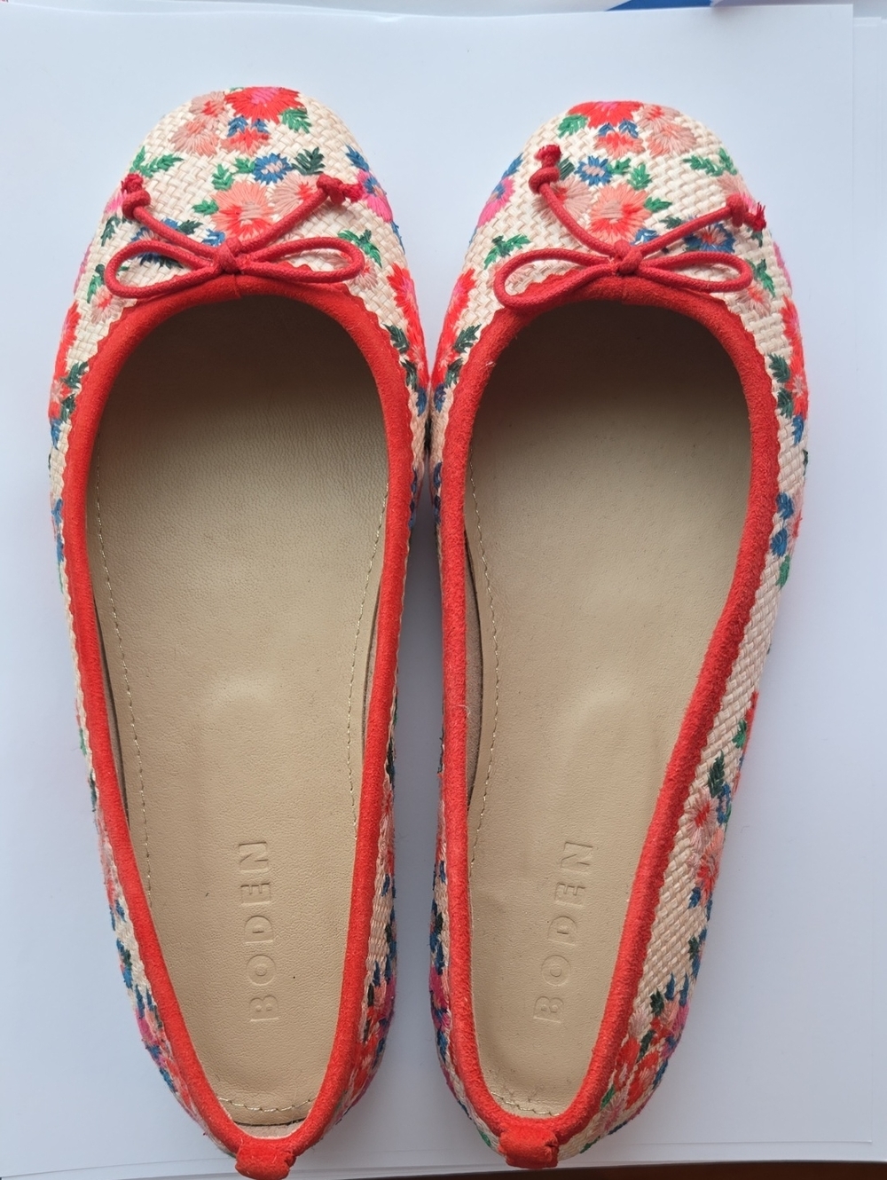 Boden Red Suede Trim Floral Embroidered Ballet Flats NEW
